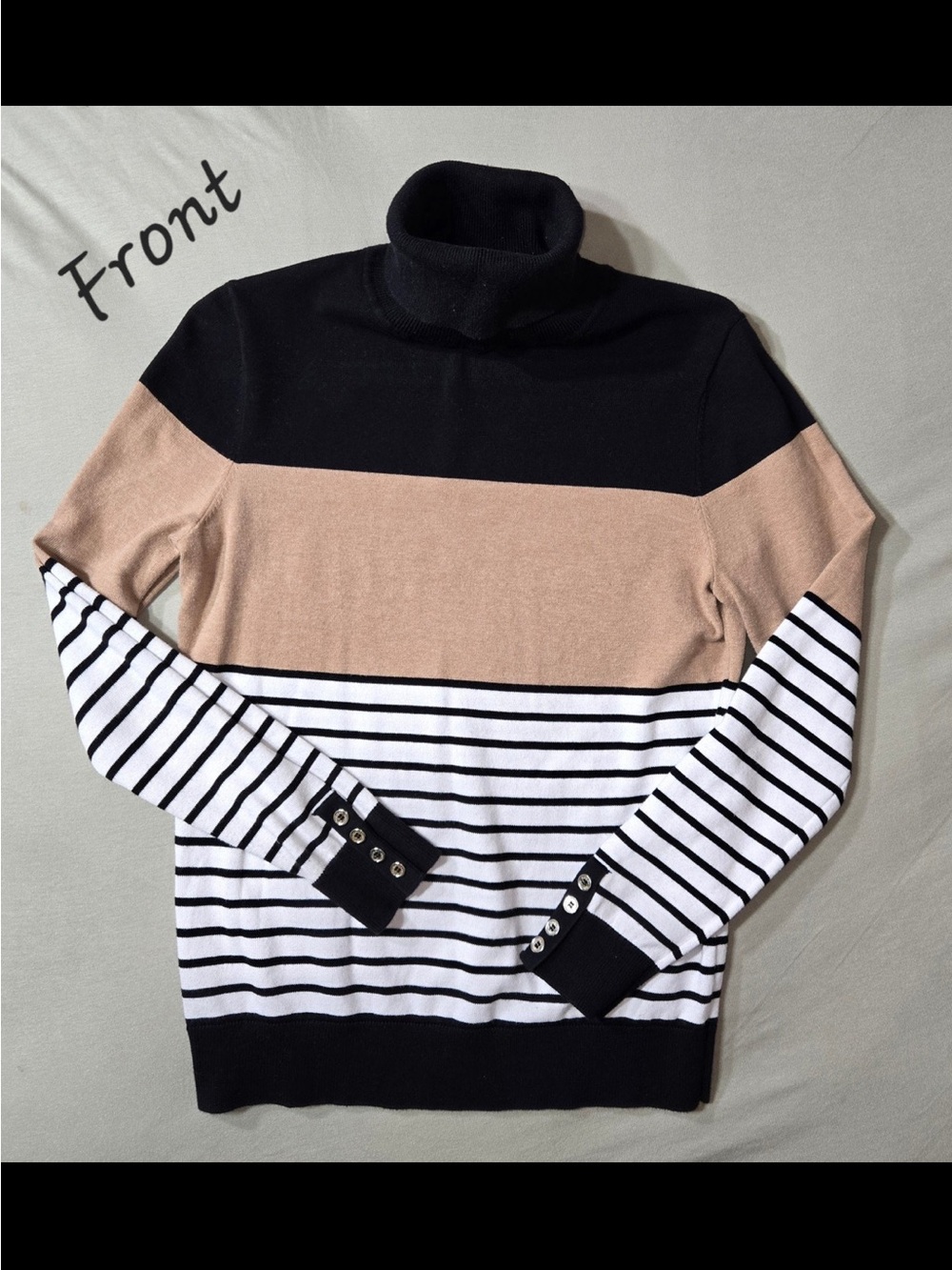 Tommy Hilfiger Black, Beige & White Striped Turtleneck Sweater